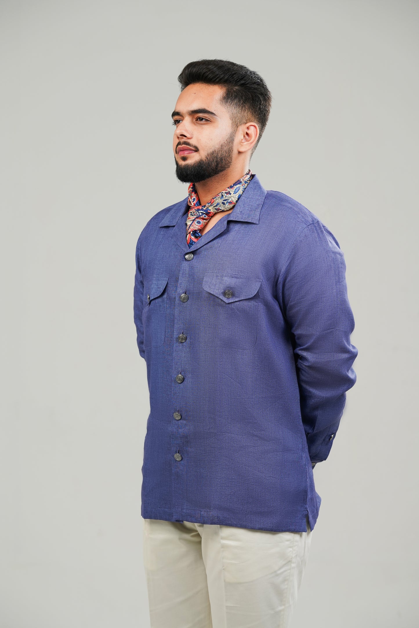 Hand-Dyed Indigo Blue Cuban Collar Shirt (Sustainable)