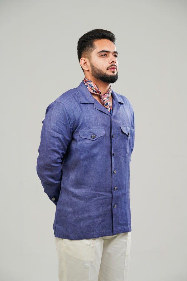 Hand-Dyed Indigo Blue Cuban Collar Shirt (Sustainable)