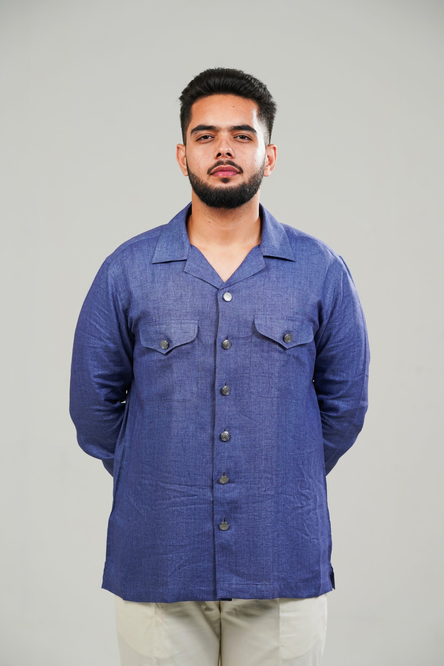 Hand-Dyed Indigo Blue Cuban Collar Shirt (Sustainable)