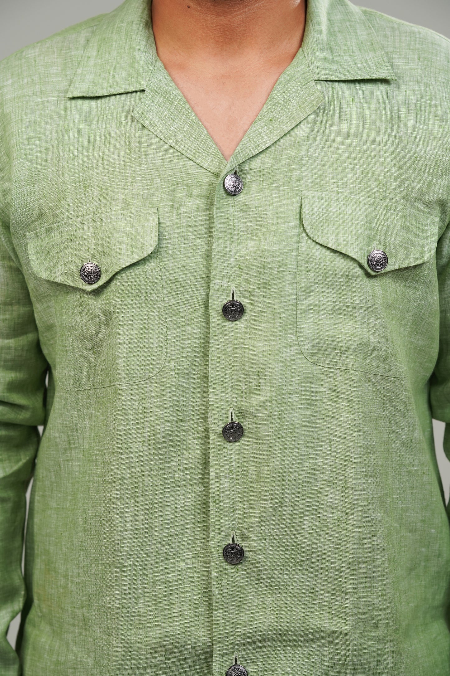 Pistachio Green Cuban Collar Linen Shirt