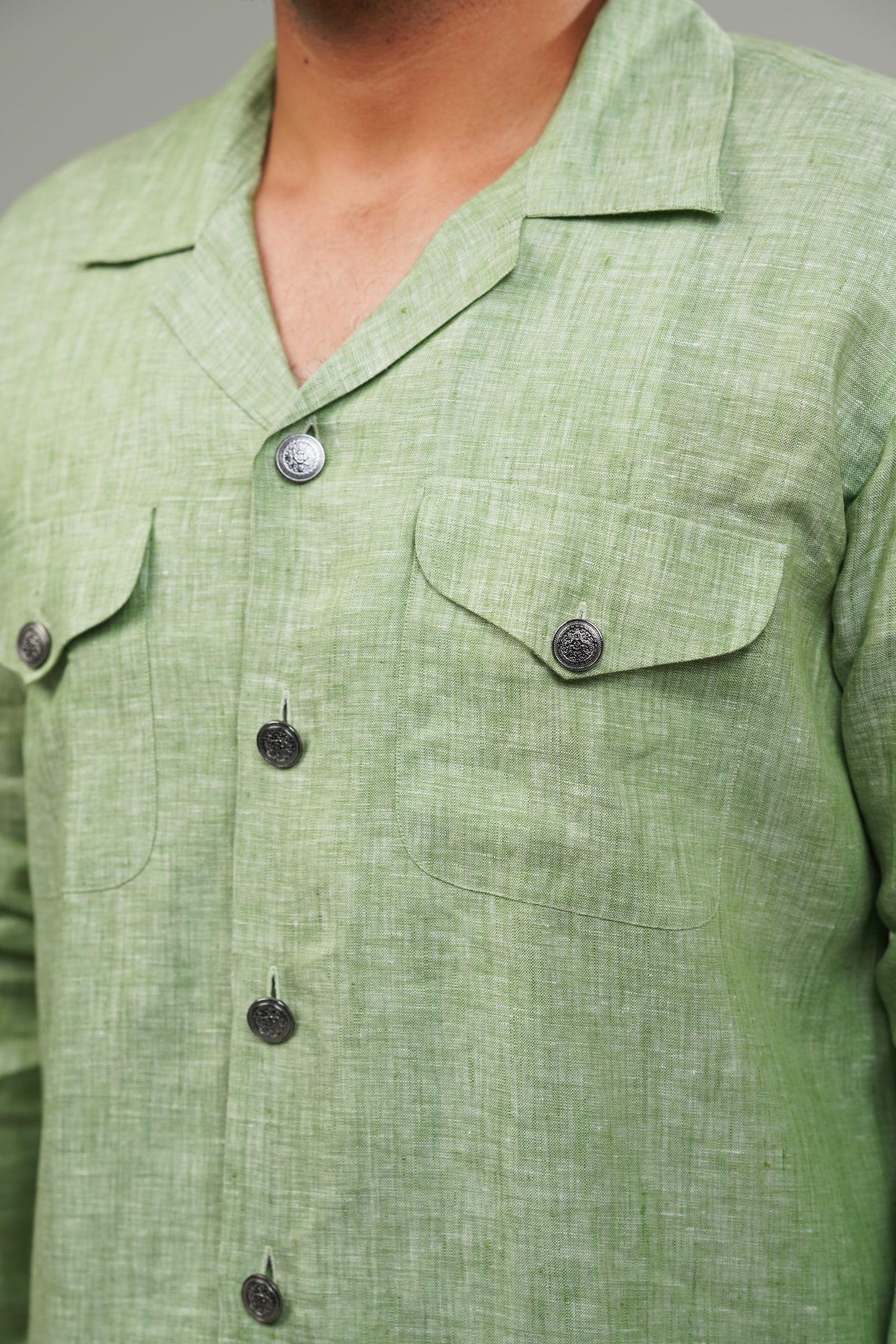 Pistachio Green Cuban Collar Linen Shirt
