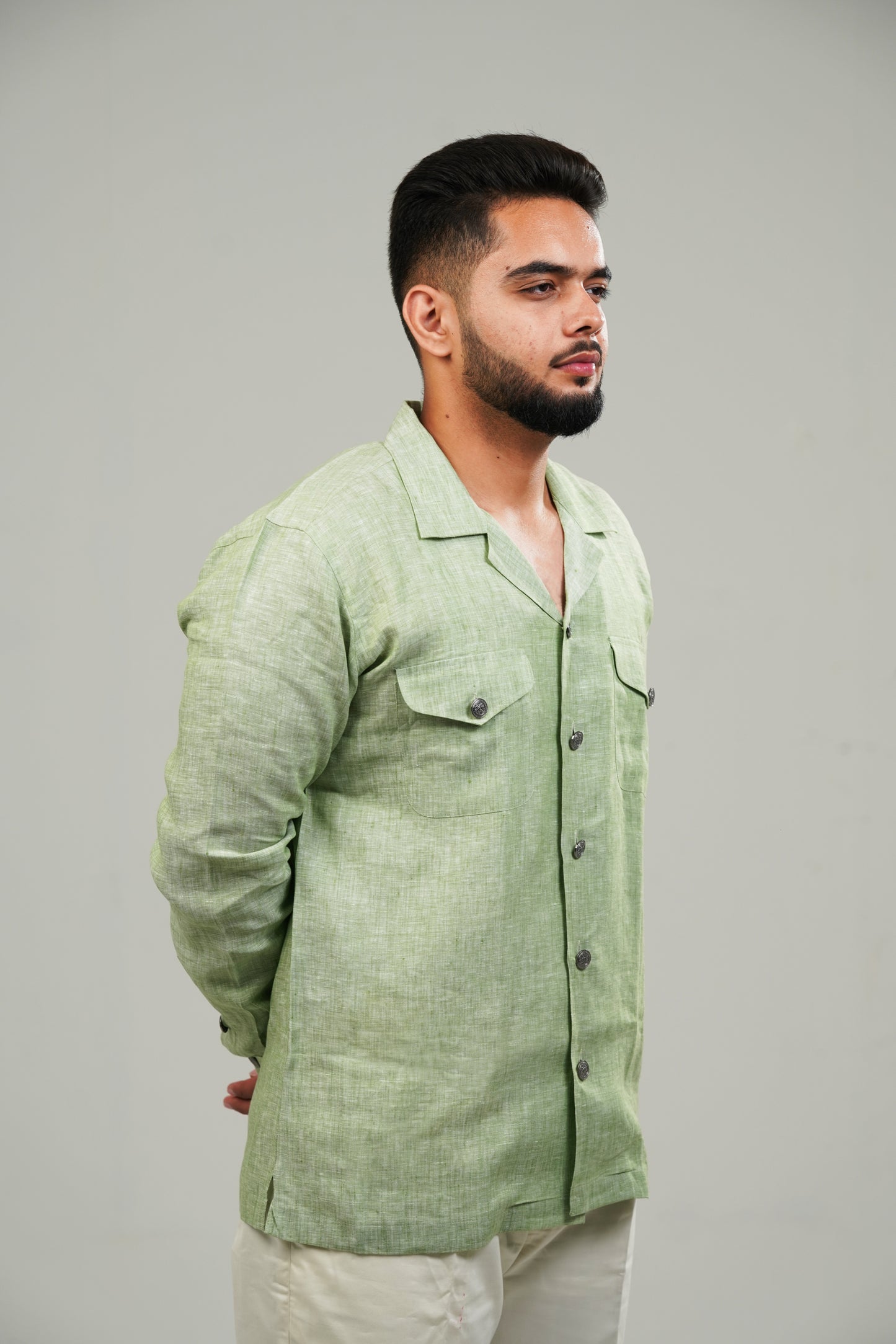 Pistachio Green Cuban Collar Linen Shirt