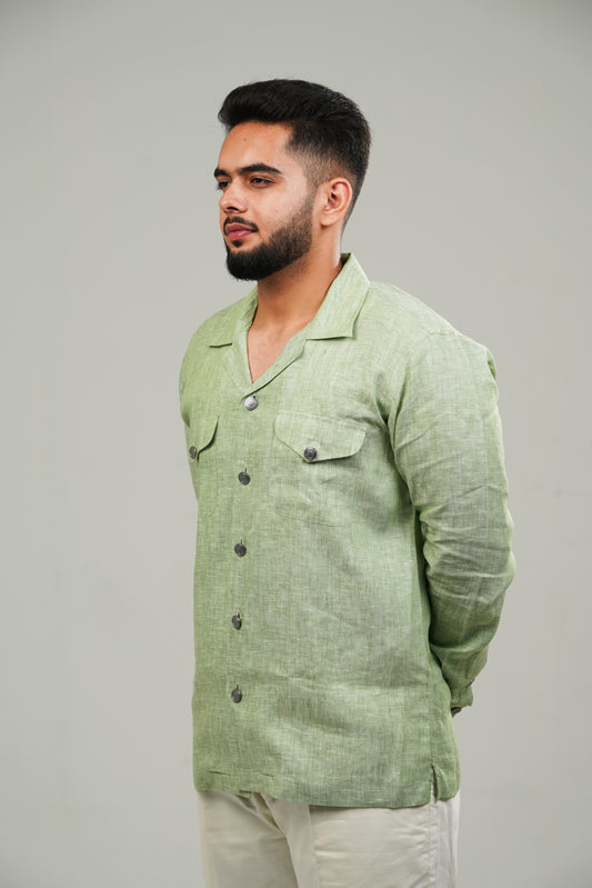 Pistachio Green Cuban Collar Linen Shirt