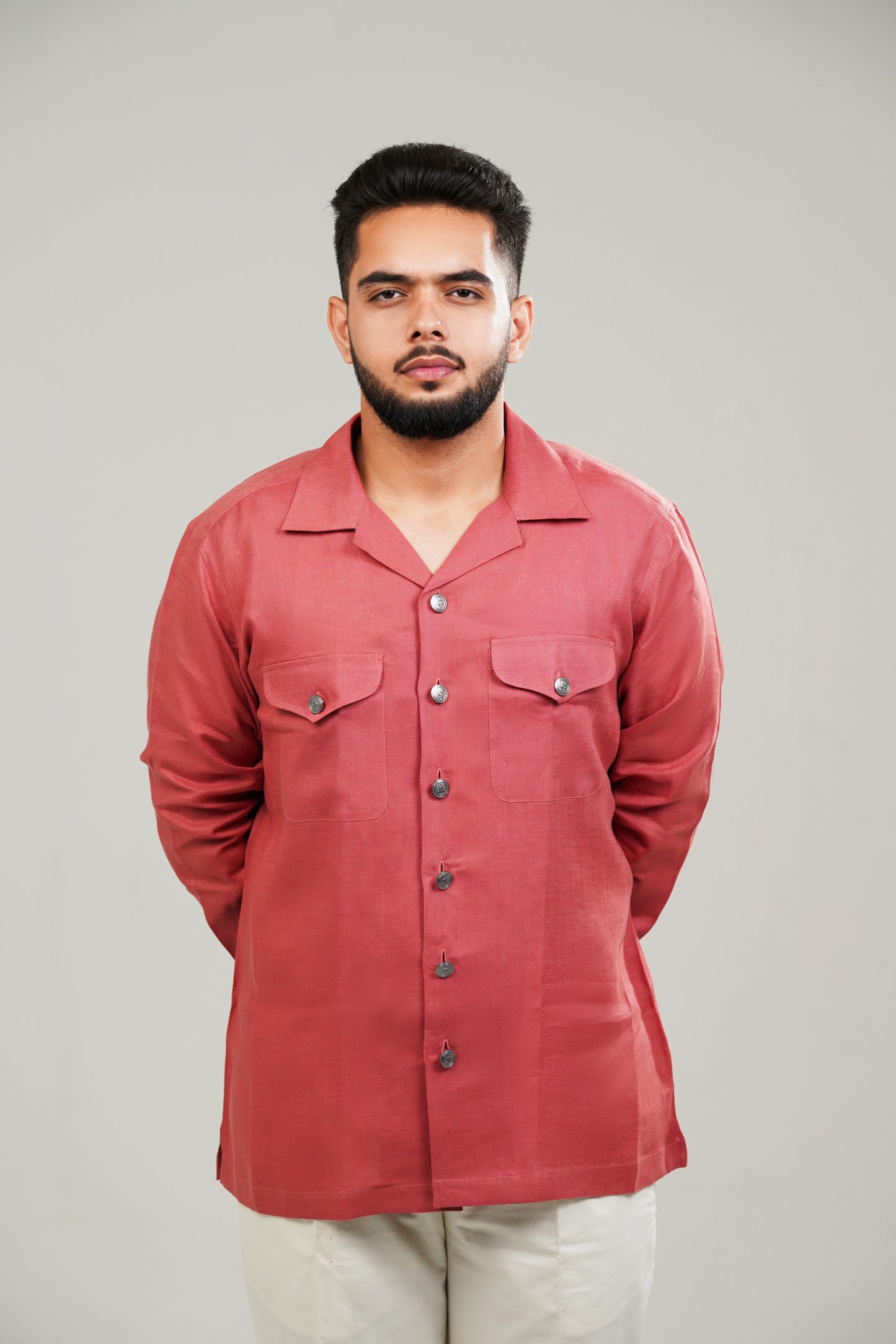 Dusty Red Cuban Collar Linen Shirt