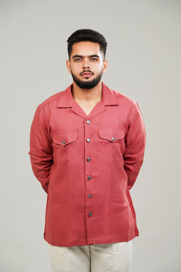 Dusty Red Cuban Collar Linen Shirt